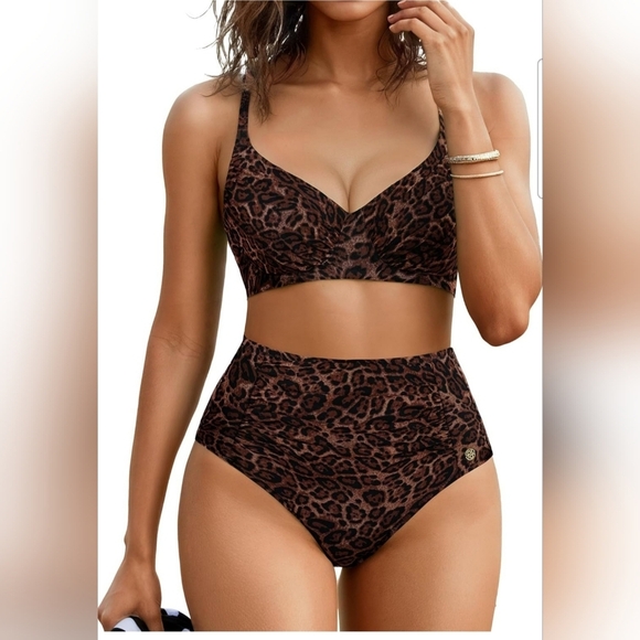 Popilush Women's High Waisted Leopard Print Shapewear 2 Piece Bikini Set XS - Picture 1 of 14